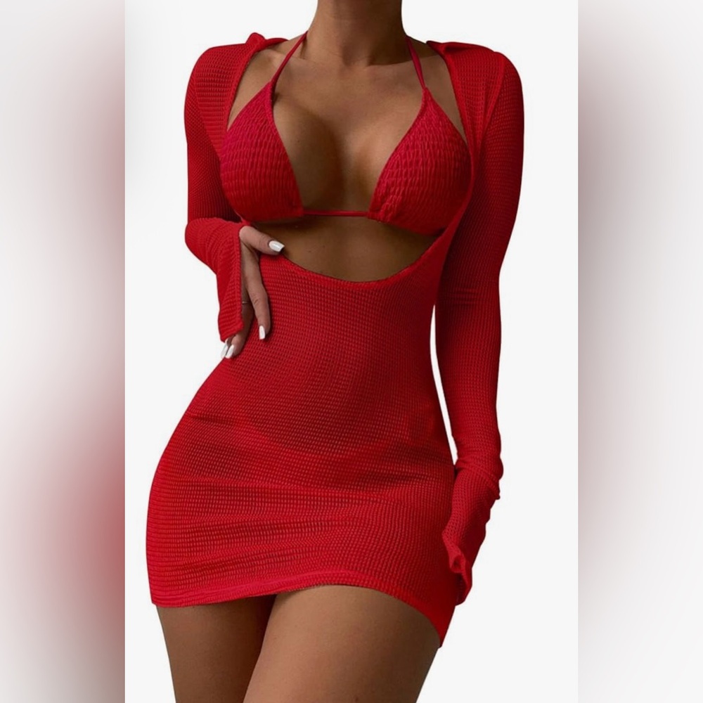 NWOT Lilosy‎ Sexy Mesh Long Sleeve Swimsuit 3-Piece Bikini Set - Size L